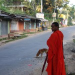 Mönch auf dem Spaziergang durch das Dorf
